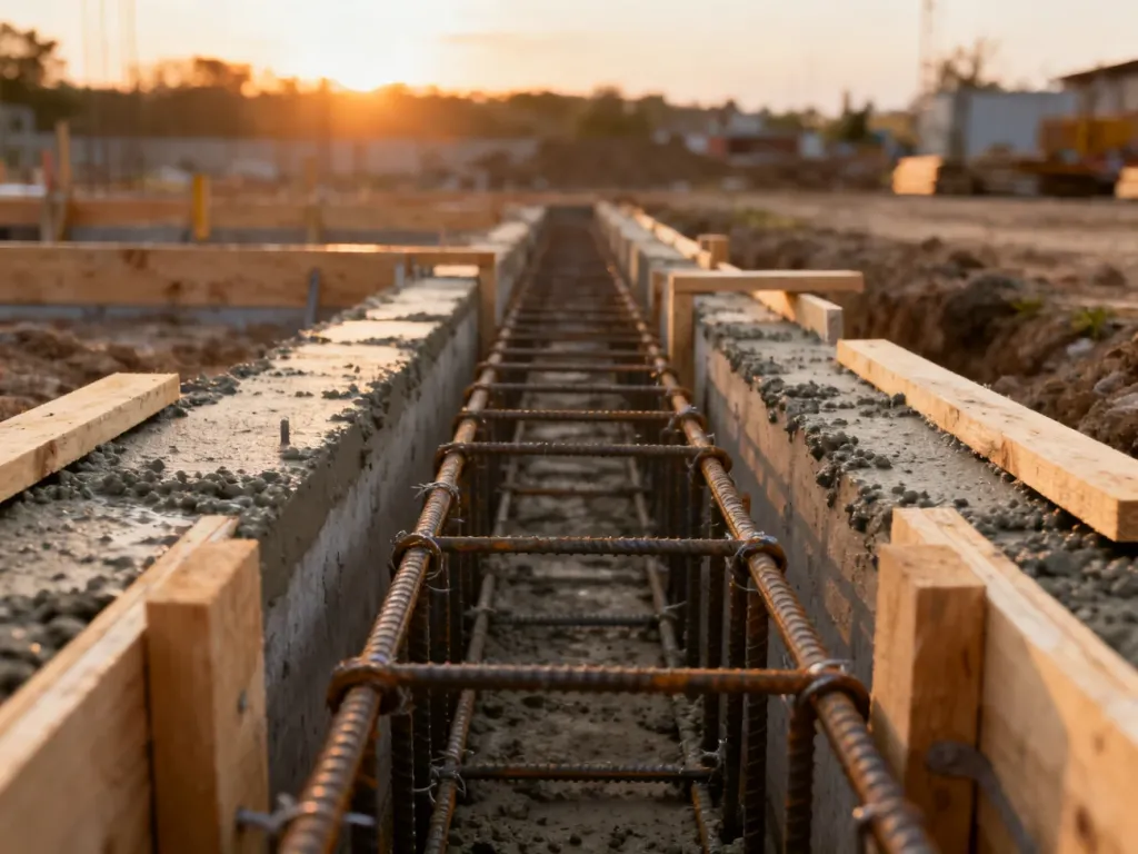 Wylany beton w szalunkach z widocznym zbrojeniem stalowym na placu budowy fundamentów w świetle wschodzącego słońca.