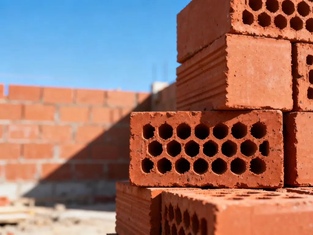 Stos czerwonych pustaków ceramicznych z widoczną strukturą otworów na tle wznoszonej ściany na placu budowy.