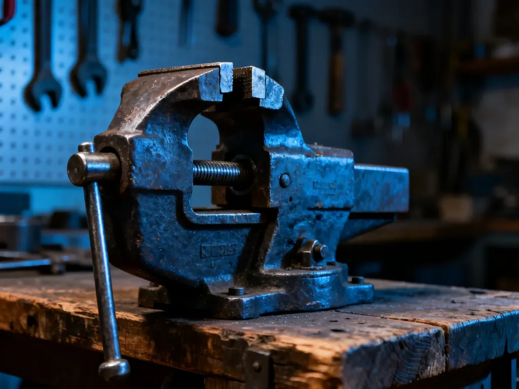 Solidne metalowe imadło zamocowane na drewnianym warsztacie, pewnie trzymające obrabiany element metalowy.