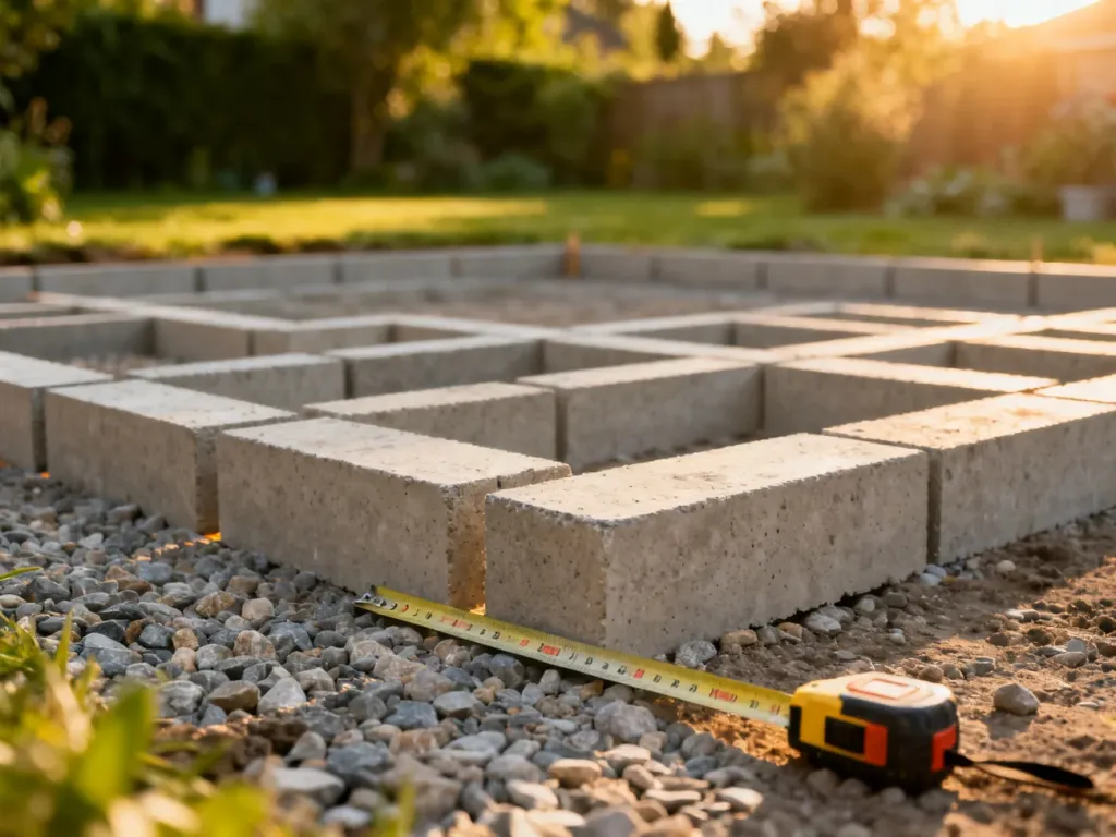 Betonowe bloczki fundamentowe ułożone w równych odstępach na wyrównanym podłożu z żwiru, przygotowane pod budowę tarasu.